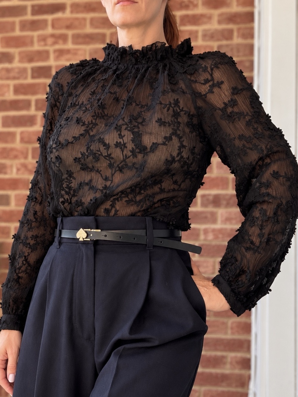 Black Floral Sheer Mock-Neck Blouse